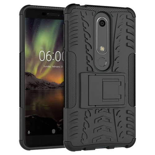 Dual Layer Rugged Tough Shockproof Case & Stand for Nokia 6.1 (2018) - Black